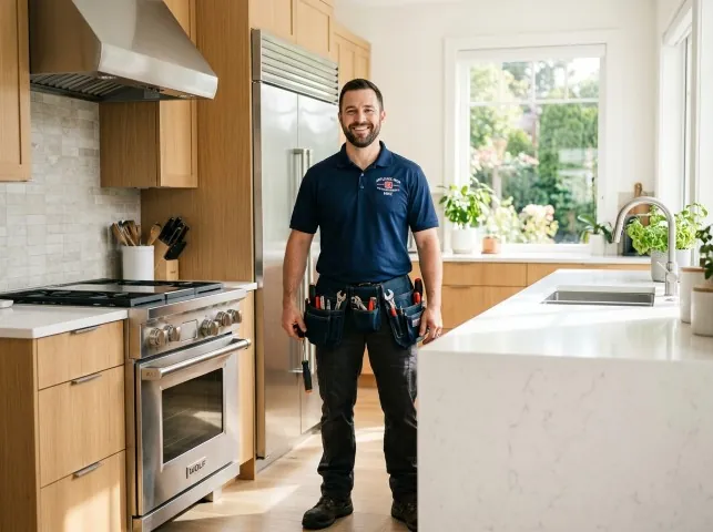 Appliance Repair Hero technician in a Bleiblerville, TX kitchen after an appliance repair