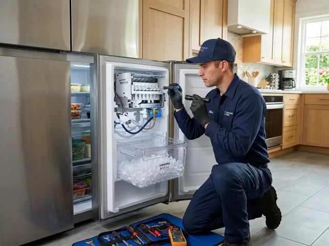 Appliance Repair Hero technician repairing a refrigerator ice maker in Bleiblerville, TX