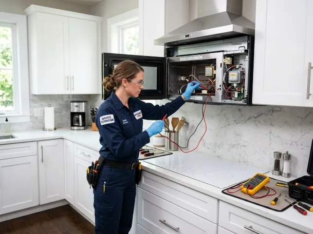 Appliance Repair Hero technician testing an over-the-range microwave in a Bleiblerville, TX kitchen