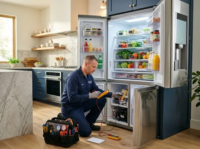Appliance Repair Hero refrigerator technician testing a fridge on a Bleiblerville, TX service call